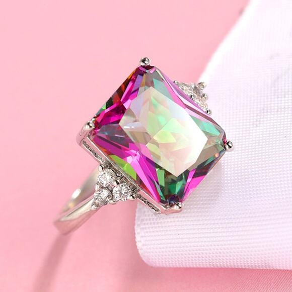 Rainbow radiant cut RING - Silver - CZs - size 7 - Picture 2 of 6